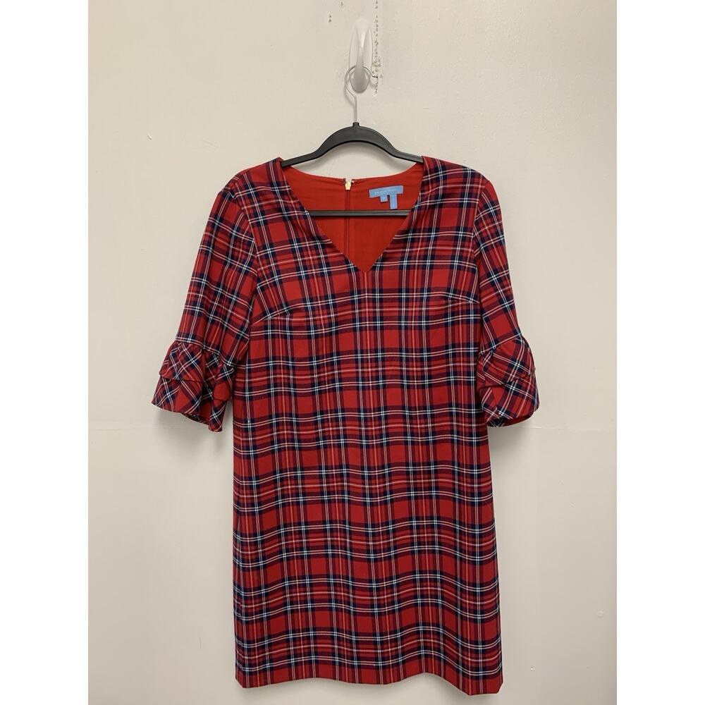DRAPER JAMES $115 Chambray Bell Sleeve Classic Plaid Ruffle Shift Dress Size 6